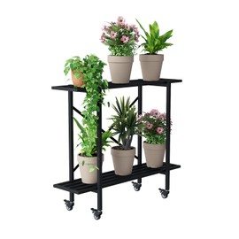 Zhongma 2 Tier Window Height Metal Sturdy Narrow Plant Stand with Wheels, Plant Stand Indoor and Outdoor, L35.43 x W10.3 x H29.9 inch, 440 LBS Capacity & Heavy Duty Construction.