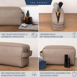 VON HEESEN Toiletry Bag Leather Toiletry Bag for Men and Women - Genuine Leather Necessaire Ideal for Travel - Wash Bag and Cosmetic Bag, taupe, 1 main compartment