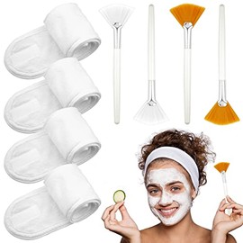 LAPOHI Paquete de 4 diademas de toalla ajustables para lavarse la cara con 4 cepillos de abanico, cepillo para mascarilla facial y diademas faciales de spa para mujeres y niñas. Diadema para el cuidad