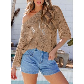 EVALESS Womens Fashion Spring Tops 2025 Short Sleeve Crochet Hollow Out Lightweight Sweaters Dressy Casual Cute Shirts Beach Cover Ups for Women Vacation Outfits Khaki Tops Summer Clothes, Small