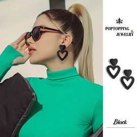 PopTopping Double Heart Earrings Dangling Black Heart Dangle Earrings Love Heart Drop Earrings For Women (Black)