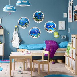 AINIUNIU 3D Wall Sticker Underwater World, Pack of 4 3D Wall Stickers Underwater World, Wall Sticker Bathroom Pictures, 3D Shark Wall Sticker Children's Room, Sea Animals Sticker for Bedroom (Fish)