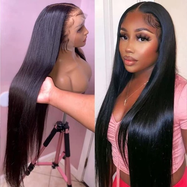 Real Hair Wig, for Black Women, 13 x 6 (33x15 cm) HD Straight Lace Front Wig, 180% Density, Transparent Straight Lace Front Wig, Natural Black, 51 cm/20 Inches,