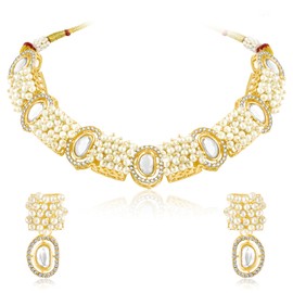 Aheli White Synthetic Stone Cubic Zirconia & Beads Studded Necklace Earrings Set Ethnic Fashion Jewellery Gift for Women