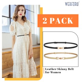 WERFORU Pack of 2 Leather Skinny Women Belt Fashion Women's Thin Leather Waist Belt for Dresses with Gold Buckle, A-Black+Gold