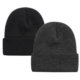 ZOORON 2 Pack Beanie for Men Women Warm Winter Hats Acrylic Knit Cuffed Beanie Cap Unisex Black/Dark Gray