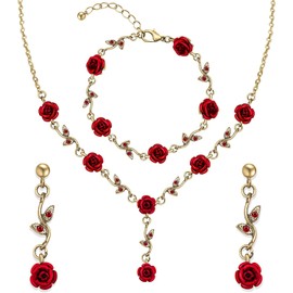 ALAIX 14K Gold Plated Necklaces for Women Dainty Long Rose Pendant Gold Necklace for Girls Vintage Red Flower Women' Necklace Pendant Necklace Earring Bracelet Sets