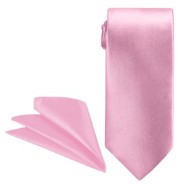 Trimming Shop Unisex Stylish Shiny Satin Neck Tie and Handkerchief Set for Formal & Casual Wear, Weddings, Celebration, Prom, Gathering Parties Events (Baby Pink)
