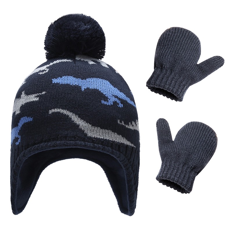 Baby Dinosaur Winter Hat Warm Mittens Set Newborn Pompom Beanie