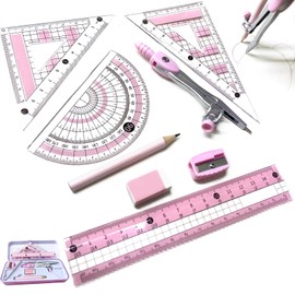 Maths Set, Geometry Sets - Protractor and Compass Set Square with Eraser Pencil Sharpener Ruler Math Geometry Tool Set, Drawing Compass Math Geometry Kit Back to School Stationery Set for Girls (Pink)
