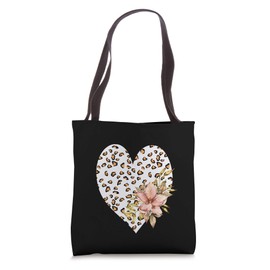 Boho-Style Leopard Prints Heart Vintage Watercolor Flowers Tote Bag