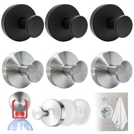 AQXYTK Heavy Duty Shower Hooks - 6-Pack Strong Suction Cup Hooks, Holds 10 lbs, No Drill Removable Hooks for Glass Shower Door, Bathroom, Kitchen (Silver & Black)