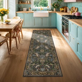 Hazo Haus Extra Long Runner Rugs for Hallways 2x10 - Vintage Botanical Floral Runners for Kitchen Laundry Room Hall Way, Washable Non Slip Low Pile Boho Dark Bird Rugs - Brown