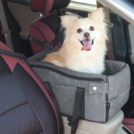 Center Console Dog Car Seat for Small Dogs Up to 12lbs, Detachable Armrest Pet Car Seat, Portable Middle Console Dog Booster Cars Seats with Adjustable Straps & Storage Pocket (Dark Grey)
