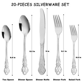 Silverware Set for 4, Stainless Steel Gorgeous Retro Royal Flatware Set, 20-Pieces Cutlery Tableware set, Kitchen utensils set Include Spoons And Forks Set, Mirror Finish, Dishwasher Safe