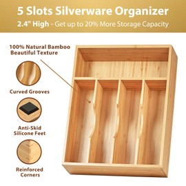 Umilife Kitchen Drawer Organizer, 10 Inch Silverware Utensil Tray Holder, Extra Deep, with Non-Slip Feet & Grooved Drawer Divider, 5 Slots Total Bamboo Wood Caddy for Flatware Cutlery Knives