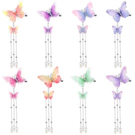 BBTO 8 Pcs Butterfly Hair Tassel Clips Wedding Moving Butterfly Pin Alligator Barrettes 3D Hanging Hair Accessories Cute Organza Hairpins for Women Bride Party(Sweet Color)