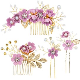 4Pcs Bridal Headpieces - Handmade Flower Pearl Hair Combs, Crystal Floral Leaf Clip - Barrettes for Women & Girls - Bride & Bridesmaid