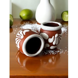Set of 4 Mini Cantaritos Shot Glasses - 2oz Handmade Mexican Pottery with White Rim & Terracotta Base - Ideal for Tequila Shots, Wedding Favors, & More