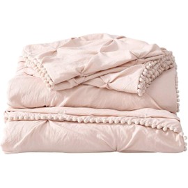 Chezmoi Collection Natalia 3-Piece Pom Poms Fringe Pinch Pleat Duvet Cover Set - Hypoallergenic Soft Washed Microfiber Comforter Cover with Button Closure and Corner Ties - Queen, Blush