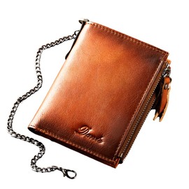 Wallet with Chain for Men Women Genuine Leather RFID Blocking Bi-Fold Wallet with Chain, Zip Coin Pocket, Credit Card Holder, Transparent ID Window for Driver License Biker Punk Hip Hop Style (Brown)