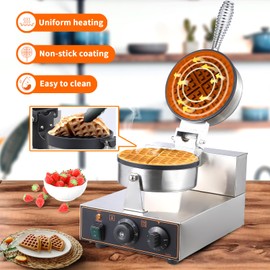 Litake Commercial Waffle Cone Maker 1200W 110V Stainless Steel Electric Ice Cream Cone Maker Machine with 8.3” Non-stick Baking Tray, Temperature & Time Control for Restaurant, Coffee Shop