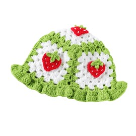 Fiewmay Crochet Bucket Hat for Women Handmade Floral Hat Portable Knitted Elastic Cute Beach Hat for Vacation Traveling (Strawberry Light Green)