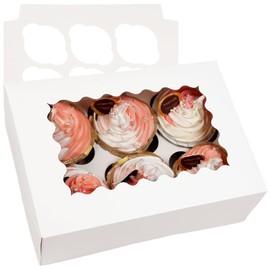 qiqee White 6 Cupcake Boxes with Window 12 Packs Cupcake Box 23x15.5x8.4cm Bakery Boxes For Cupcakes Carrier, Cupcake Containers (9x6.1x3.3 inch,Auto-pop Up)