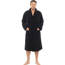 Men’s Knee Length Fleece Wrapover Dressing Gown S-XL Various Styles - Black - Large