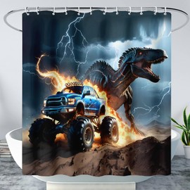 AILONEN Boys Dinosaur Shower Curtain, Monster Truck Bath Curtain,Lightning Roaring Dinosaur Kids Shower Curtain,Waterproof Curtain Bathroom 72" W*72" H Decor with 12 Plastic Hooks