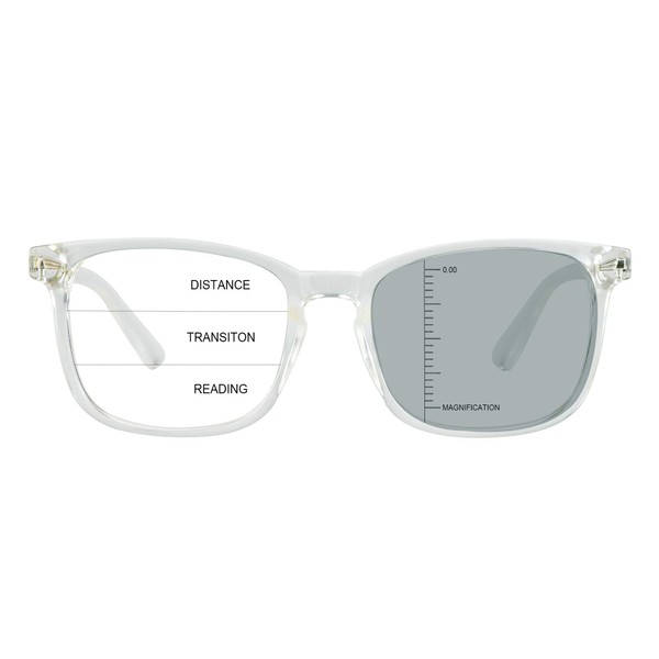 LAMBBAA Vintage Square Progressive Multifocal Presbyopic Glasses, Photochromic Gray Sunglasses for Men Women Readers (Transparent, 0.00/+1.50 Magnification)