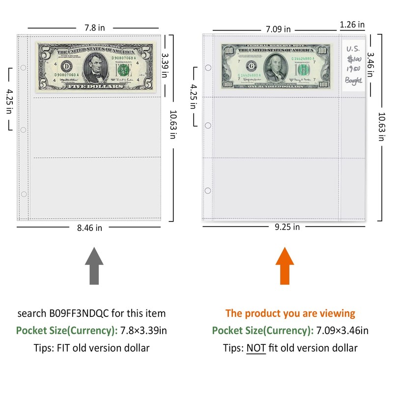 Currency Sleeves with Label Pockets, 50 PCS Banknote Sleeves, 3-Pocket
