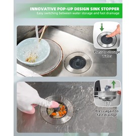 Hibbent 2 Pack Universal 3 in 1 Metal Kitchen Sink Drain Strainer, Upgraded Stainless Steel Drain Stopper Combo, Pop Up Stopper, Anti-Clogging Basket with Foldable Handle for Standard 3-1/2" Drain