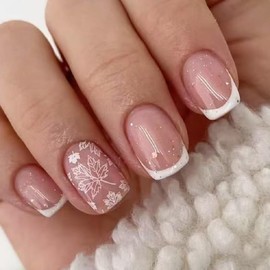 French Tip Press on Nails Short Square Fake Nails with Glitter Maple Leaf Design Glue on Nails Autumn Glossy Acrylic Artificial Nails Full Cover Stick on Nails for Women 24 Pcs