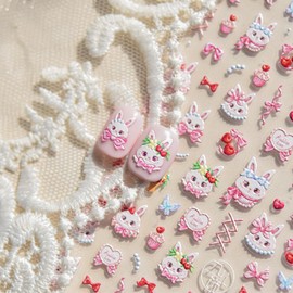 5D Embossed Pink Rabbit Nail Art Stickers Easter Nail Stickers Self-Adhesive Cute Cartoon Bunny Bow Nails Design Decals for Women Girls Kid DIY Acrylic Manicure Easter Nail Art Decorations