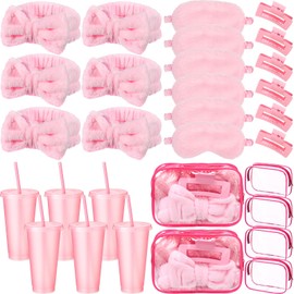 Wavyknot 30 Pcs Pink Spa Party Favors for Women Sleepover Party Supplies 6 Pink Bow Hairbands 6 Eye Masks 6 Hair Clips 6 Clear Cosmetic Bags 6 Glitter Cups for Spa Birthday Bachelorette Slumber Gifts