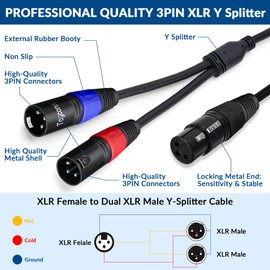 Togconn XLR Splitter Microphone Cable, XLR Female to Dual Male Y Splitter Adapter, XLR-F to Two XLR-M, 3-Pin Balanced Mic Connector Converter Cable-1 Feet