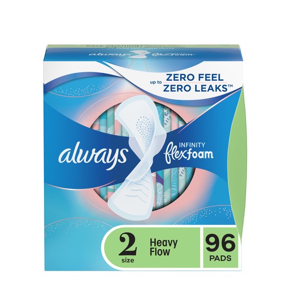 Always Infinity Feminine Pads For Women, Size 2 Heavy Flow Absorbency, Multipack, With Flexfoam, With Wings, Unscented, 32 Count x 3 Packs (96 Count total)