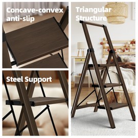 HillhutApex 3 Step Foldable Aluminum Step Ladder with Handgrip, Anti-Slip Pedal, 330lbs Capacity, Lightweight & Portable for Home, Kitchen, Office, Garage (Walnut)