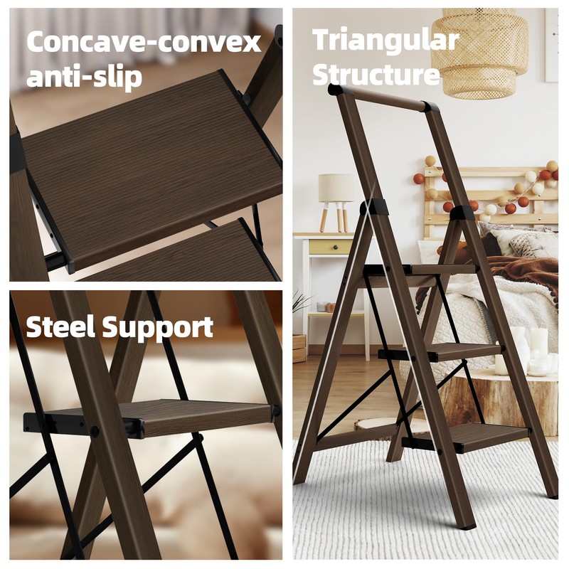 HillhutApex 3 Step Foldable Aluminum Step Ladder with Handgrip, Anti-Slip