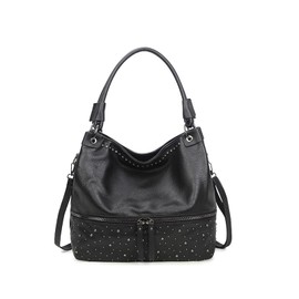 myfriday Vintage Hobo Shoulder Bag for Women Soft Leather Bucket Tote Bag Fashionable Structured Purse with Rivet Detail (Black)
