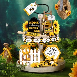 20 Pcs Summer Honey Bee Tiered Tray Decor Set Bee Wooden Signs Gnome Yellow Truck Honey Table Top Decor Spring Summer Farmhouse Tabletop Signs for Party Home Kitchen Table Holiday