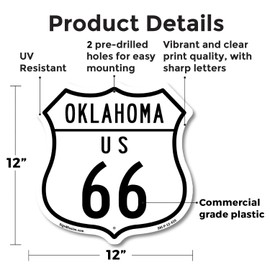 Oklahoma Route Marker Shield Sign Us 66 12 inch X 12 inch Shield Shaped Commercial Grade Plastic Sign Weather Resistant, UV Protected for Workplace Made in the USA