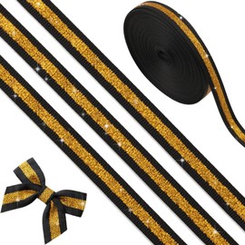 YKW Black Gold Glitter Ribbon 3/8 Inch x 10 Yards, No Shedding Grosgrain Sparkle Stripe, Cheer Bows Hair Accessories, Homecoming Mum Supplies, Team Spirit Gift Wrapping Party Decorations Craft