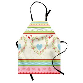 ABAKUHAUS Shabby Flora Cooking Apron, Country House Style Roses and Borders, Butterflies, Ants, Heart Shapes and Polka Dots, Height Adjustable, Clear Colours Without Fade, Pink Cream, Pink light green