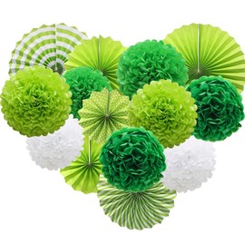 GPOWER Paper Fans, Pom Poms, Origami, Birthdays, Weddings, Bon Festivals, Events, Malls, Cakes, Christmas, Parties, Decorations, 14-Piece Set (Green)