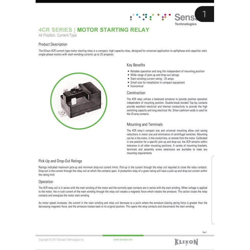 Klixon 4CR-1-653 01M8R Motor Starting Relay *NEW*