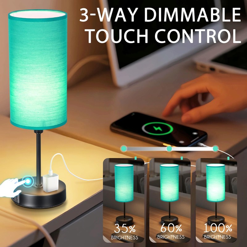 Gugsey Table Lamp with USB Port - Teal Desk Lamp,