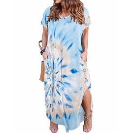 Kancystore Plus Size Midi Dress for Women Summer Casual 2XL V Neck Boho Dresses with Pockets Blue Tie Dye