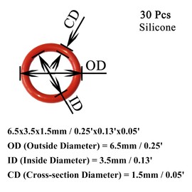 Ofowin [30 Pcs] Silicone O-Rings Red 6.5mm OD 3.5mm ID 1.5 mm Width, Metric VMQ Sealing Gasket for Cup Lids, Coffee Maker, Brewing Fitting, Washer, Filter, Pump, Plumbing, Hose, Gauge, Auto, Machine